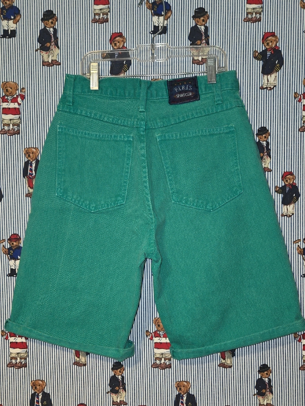 Vintage Paris Sport Club Green High Waisted Denim Shorts Size 7 Usa Made 80s 90s